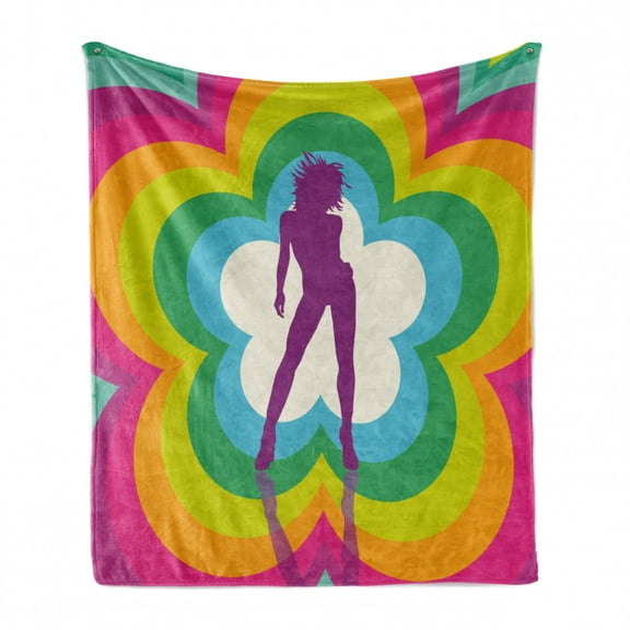 70s Party Soft Flannel Fleece Blanket, Vibrant Colorful Flowers with Dancing Woman Silhouette on Retro Design Backdrop, Cozy Plush for Indoor and Outdoor Use, 50" x 70", Multicolor, by Ambesonne