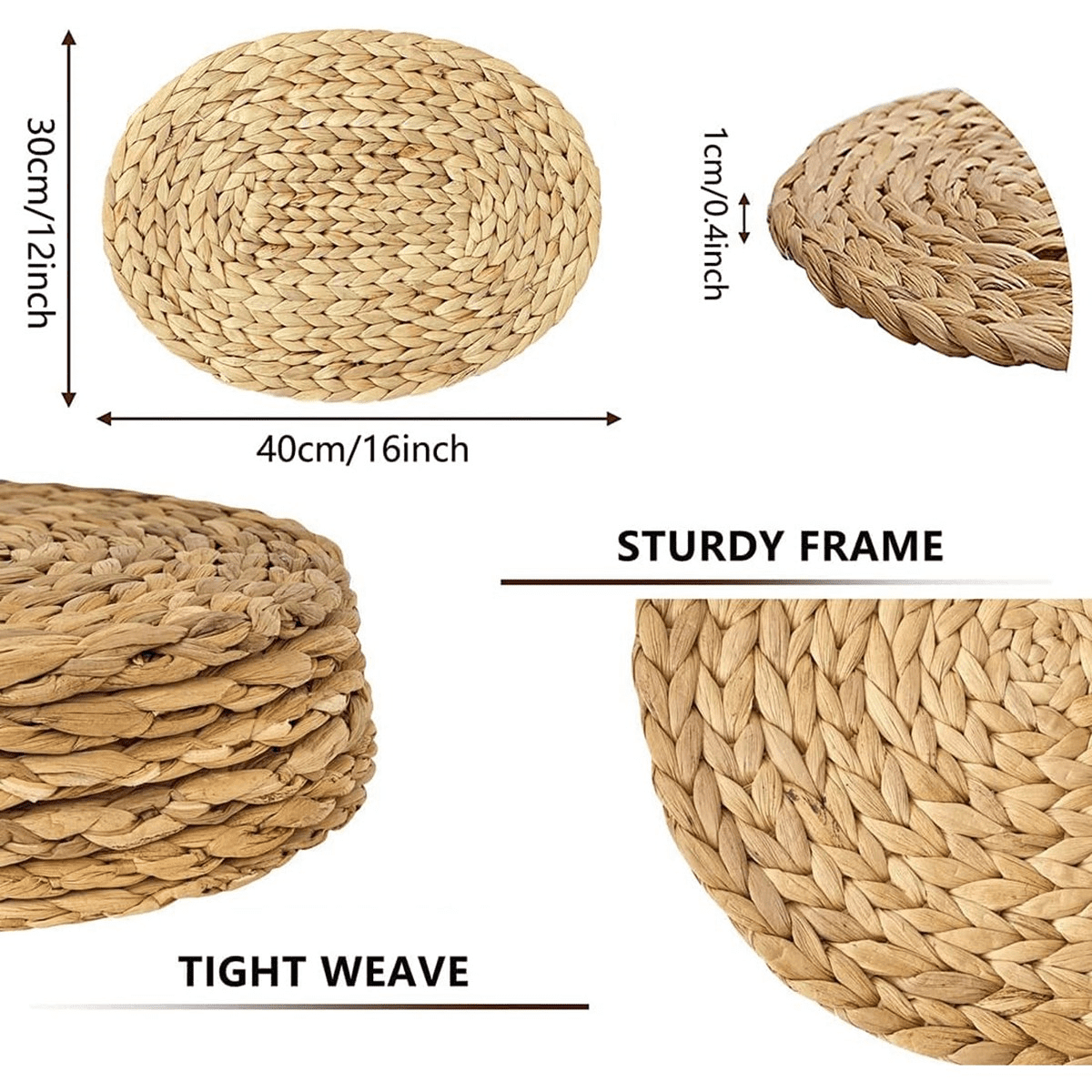 Oval Woven Placemats, Natural Water Hyacinth Placemats , Straw Braided Rattan Placemats, 12X16 Inches 4Pack,4 x Placemats,Brown