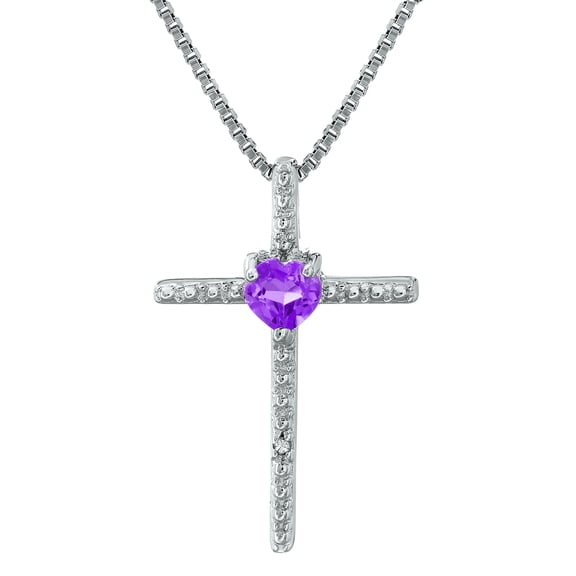.10 Ct Heart Purple Amethyst Diamond Sterling Silver Cross Pendant 18"