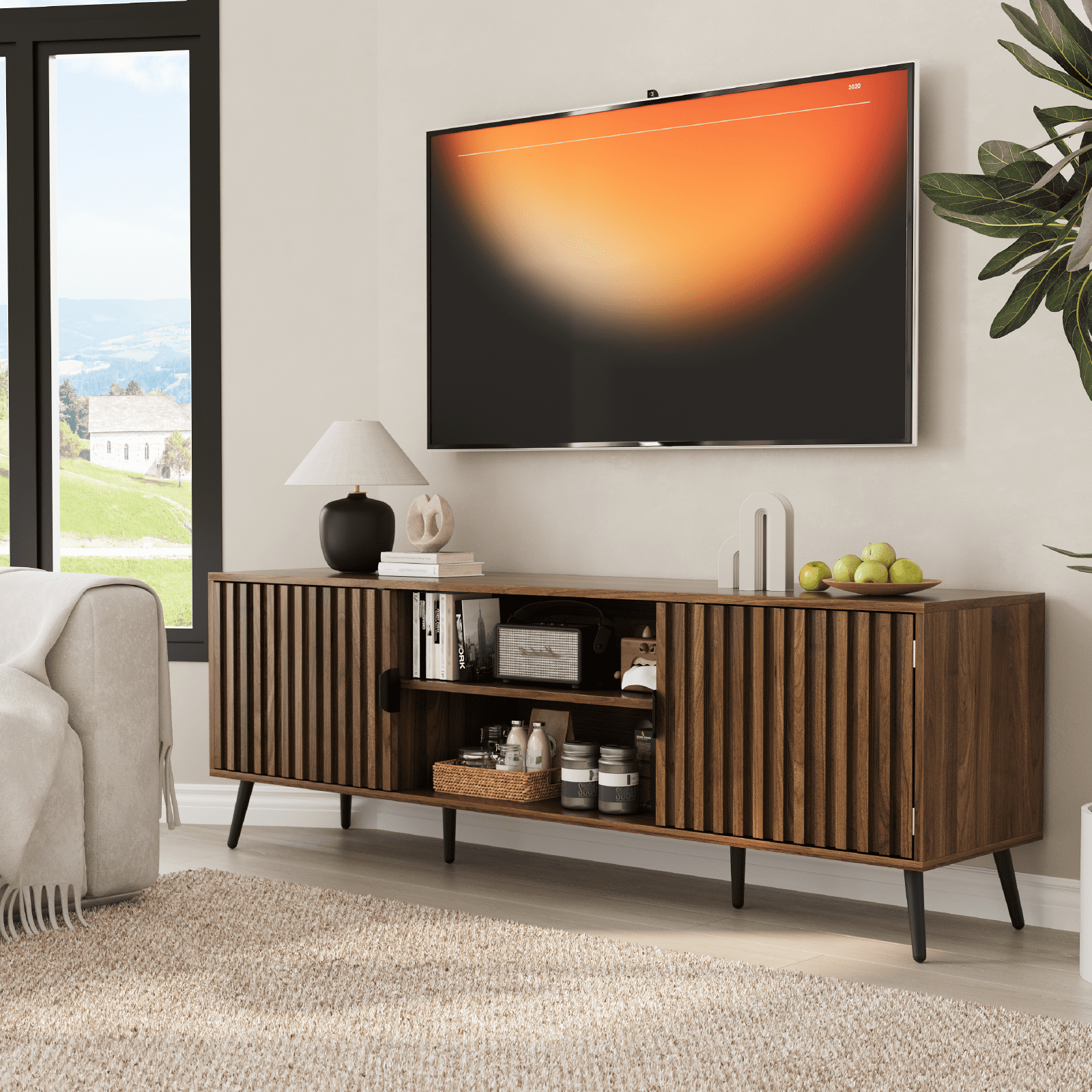 Smuxee Mid-century Fluted TV Stand for 65 Inch TV, Walnut