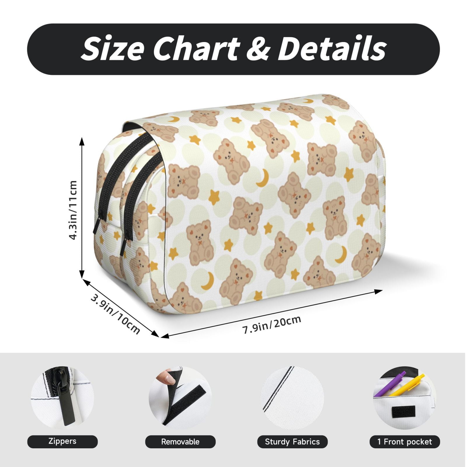 Rateoe Kawaii Bear Pattern Double Clamshell Pen Case, Storage Organizer with Two Zipper Compartments– Holds Up to 50 Pencils & Pens