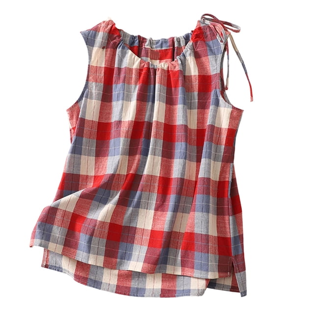 Gpoecd Camisoles pour Femmes Décontractées à Carreaux, Col Rond, Sans Manches, avec Cordon, Nœud, Débardeur pour Femmes Rouge, TG