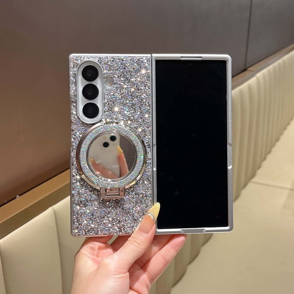 Sparkly Case for Samsung Galaxy Z Fold8 Ultra, Slim Plated PC Phone Cover with Built-In Mirror Magnetic Ring Stand Shockproof Protective for Women Girls, Silver