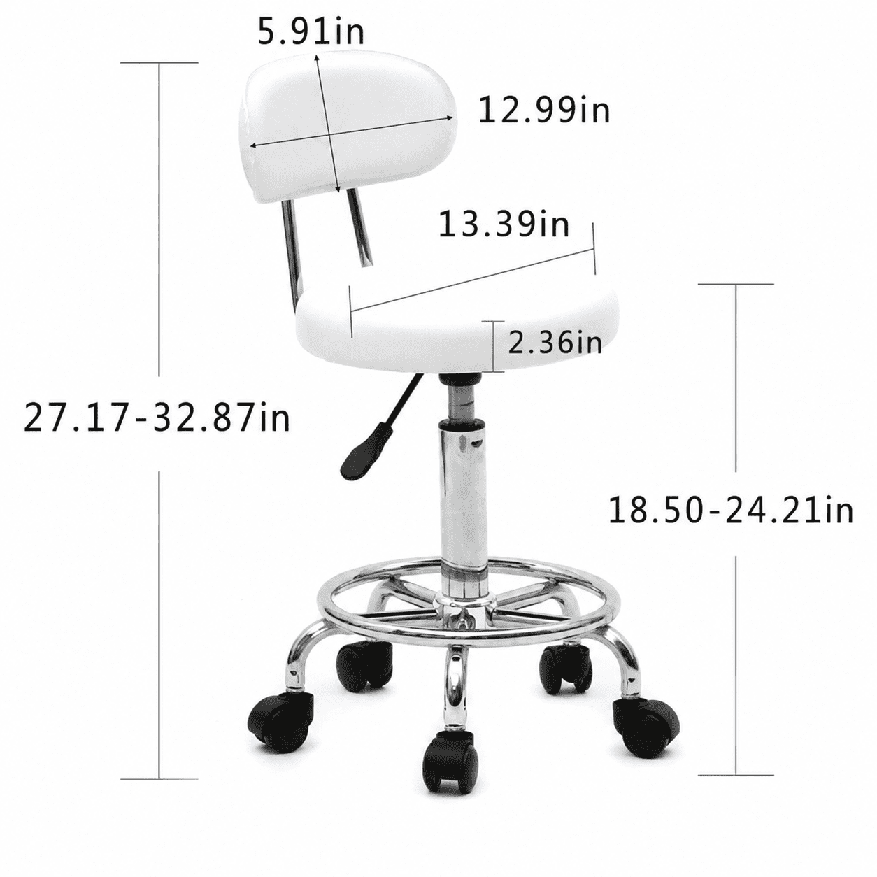 Alvantor Adjustable Height Salon Stool with Backrest and Rolling Wheels, White