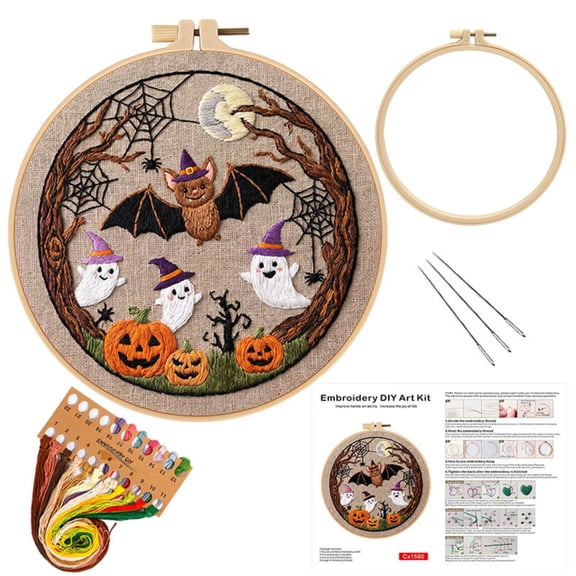 Halloween Embroidery Kit, 9 Inch Beginner Embroidery Kit for Adults Hand Embroidery Kit with Embroidery Hoop Spooky Halloween Decor Holiday Craft Supplies for Adults Kids, 1 Pack