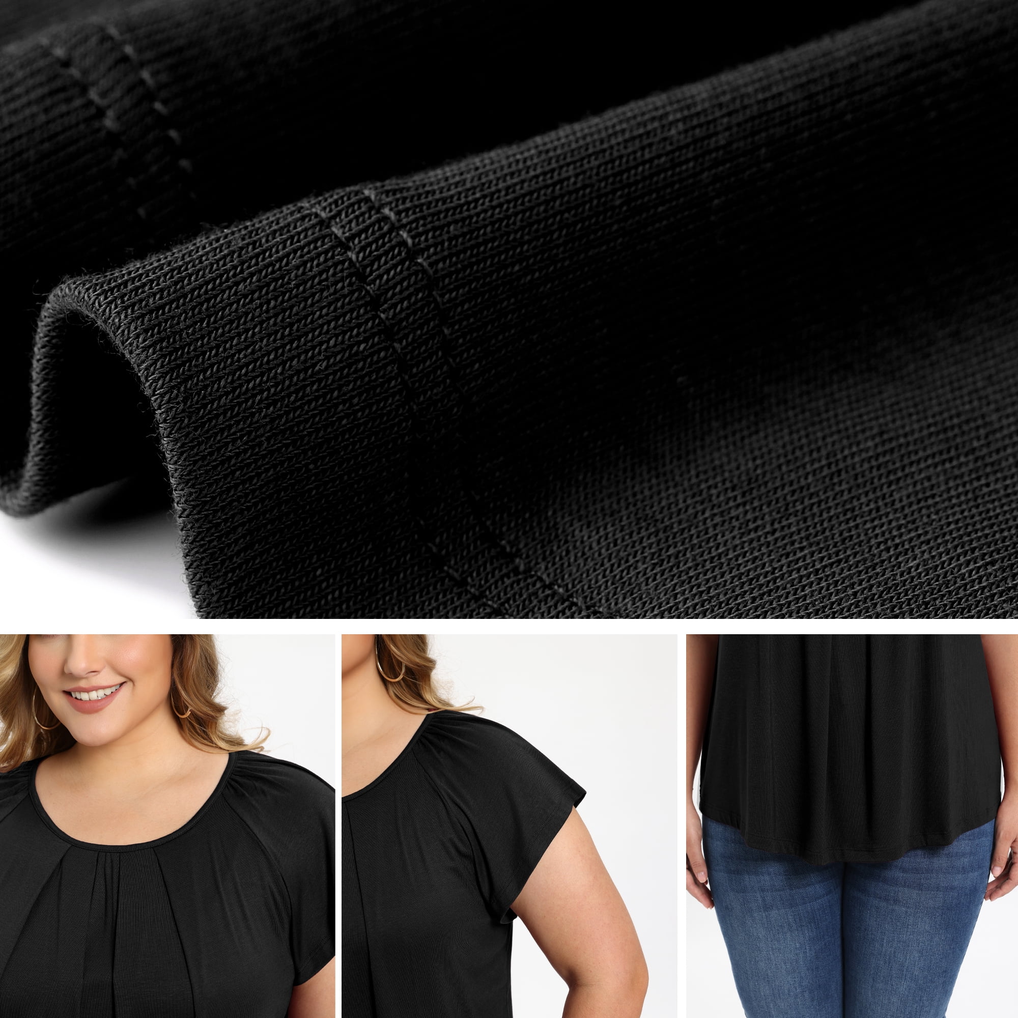 DARING DIVA Women's Plus Soft Blouse Pleated Ruffle Sleeve Round Neck Loose Tops 2X Black
