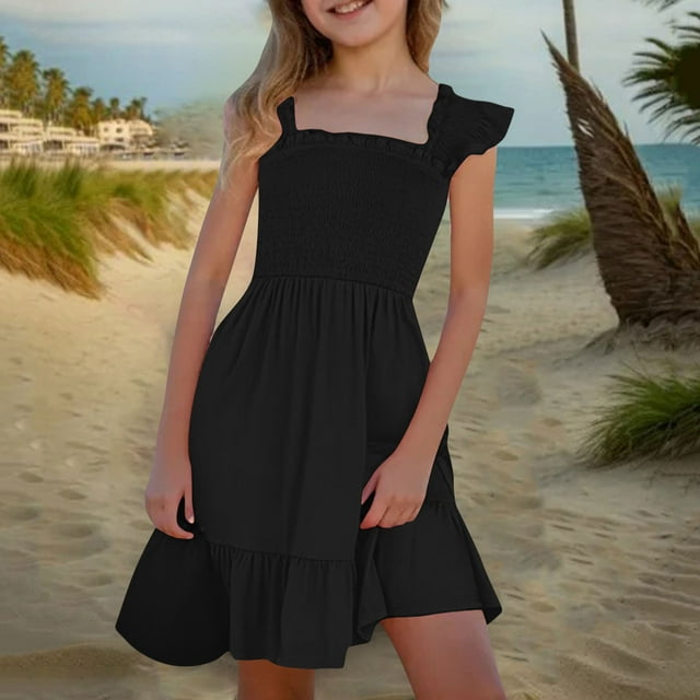 Bdfzl Robes d'Été pour Filles, Robe Fluide à Double Couche à Manches à Volants pour Temps Chaud Noir 4 Ans