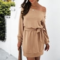 thumbnail image 2 of Moda mujer Casual sólido manga larga cuello sesgado vestido otoño vendaje Pullver vestido Pompotops  hdfakjf9065, 2 of 9