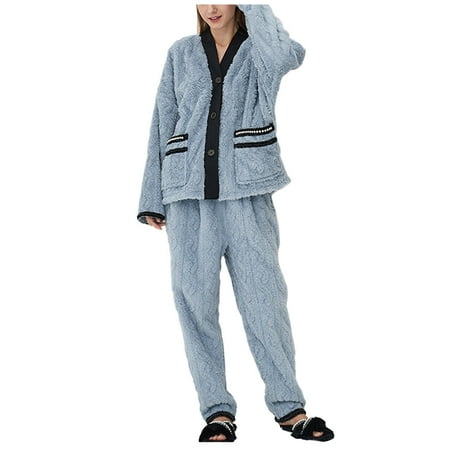 

ZMHEGW Sleepwear For Women Couples Button Warm Winter Flannel Pajamas Set Long Sleeve Long Pant