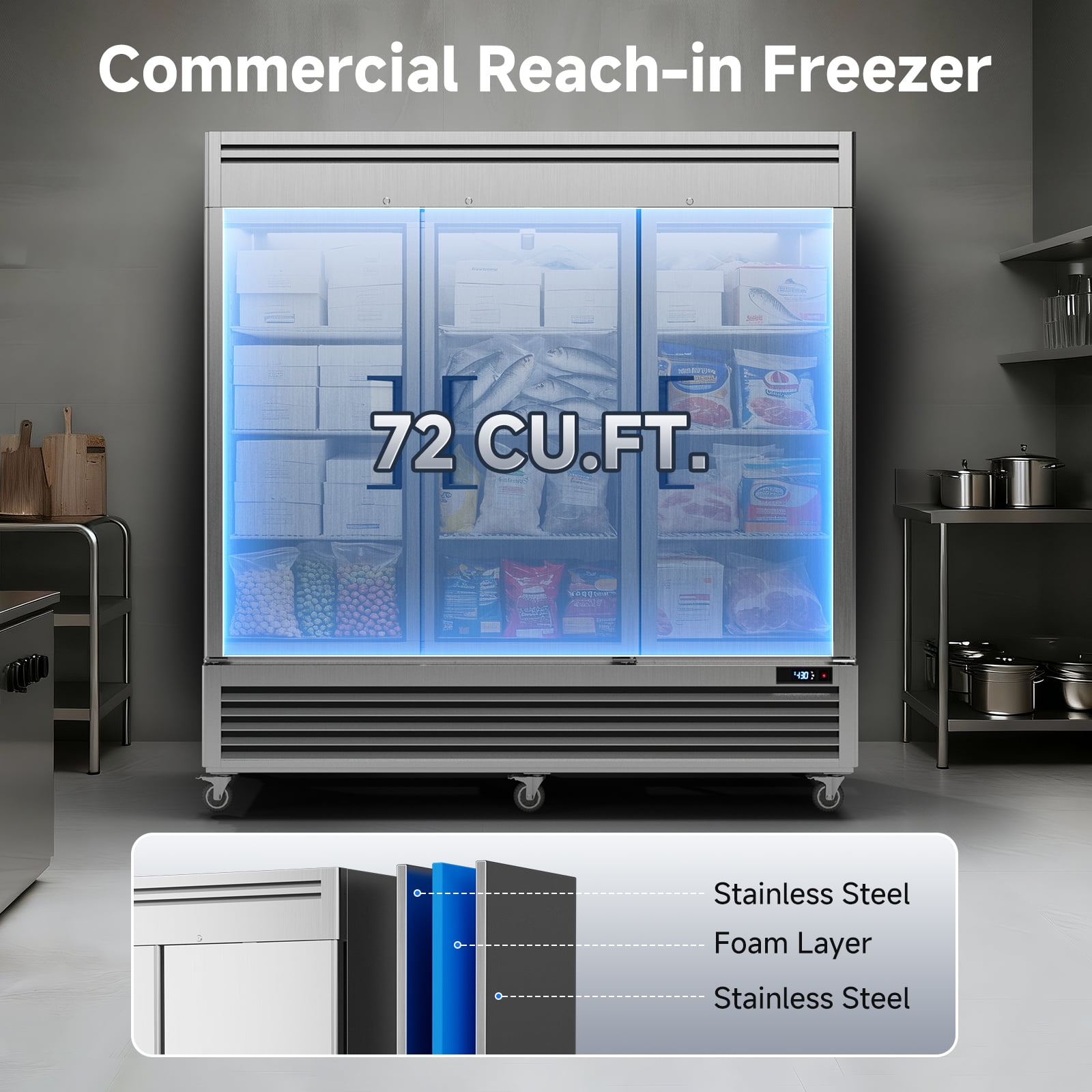 Coolake 82" Width Commercial Freezer 3 Solid Doors, 72 Cu.ft Stainless Steel Reach-in Upright Freezer with LED Lighting, Fan Cooling Freezer for Restaurant Cafe Hotel Kitchen Prep Area