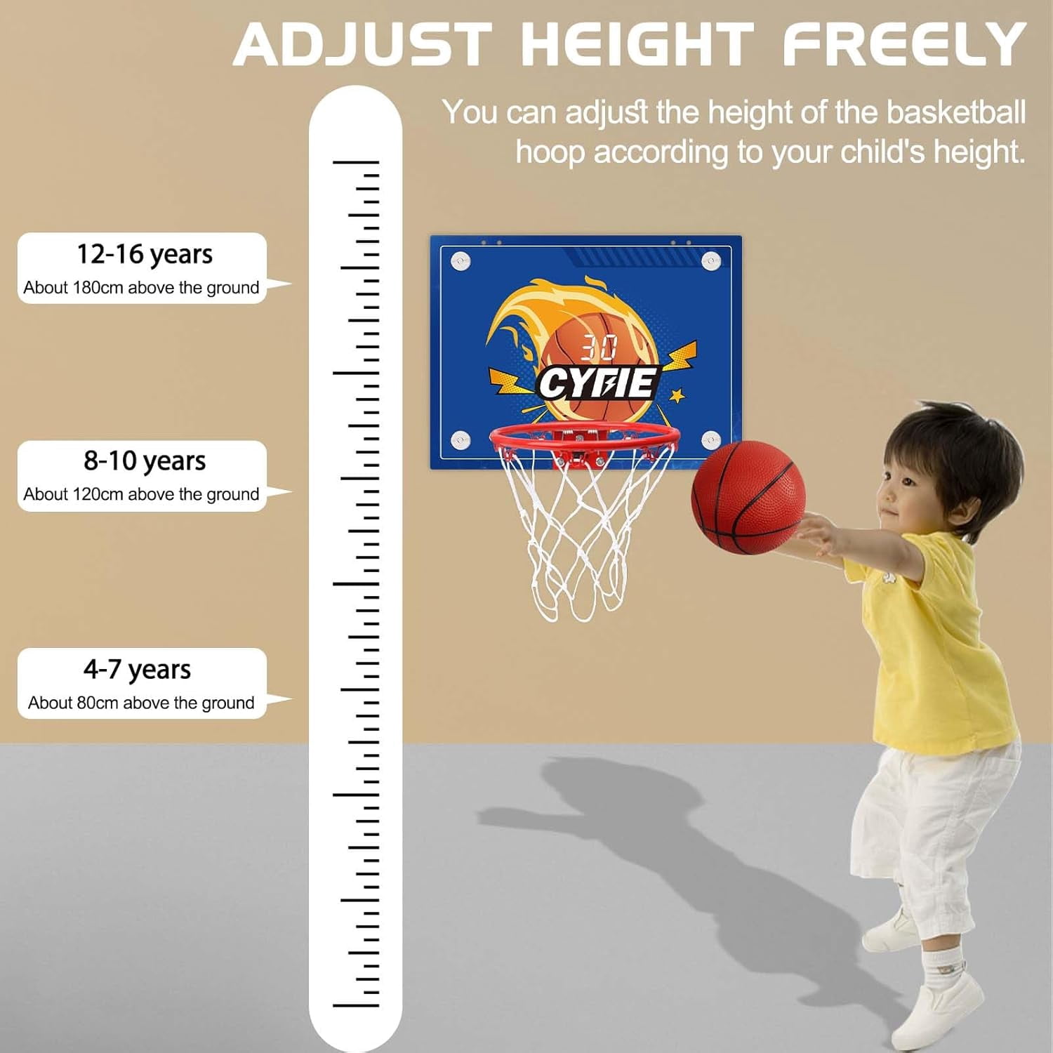 CYFIE Suction Cup Basketball Hoop with Scoreboard and Sounds, Mini Toy Basketball Hoop, 3 Balls