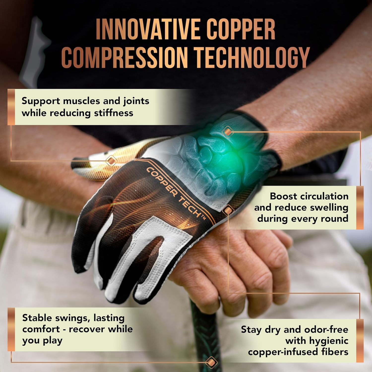 Copper Tech Golf Gloves Men (2 Pack)| Copper Compression Joint Support | Flexible & Comfortable Fit with AAA Leather (White/Black, Small, Left)