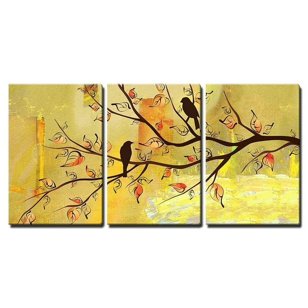 wall26 3 Piece Canvas Wall Art - Two Birds on Tree Branches on Vintage  Yellow Background - Modern Home Decor Stretched and Framed Ready to Hang -  24