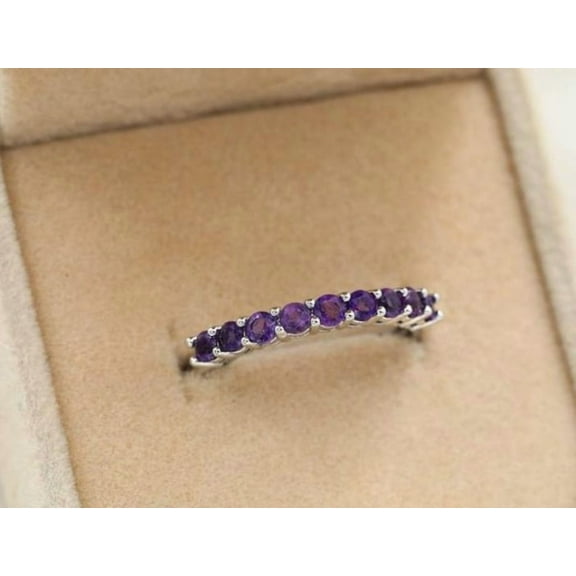 Vintage Amethyst wedding band Unique Sterling Silver half eternity ring Dainty Cluster bridal ring women Matching stacking Promise band Gift