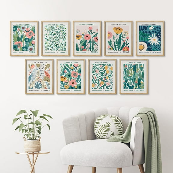PixonSign Framed Canvas Print Wall Art Set - Market Abstract Floral Botanical Posters - Set of 9 Boho Pastel Nature Wildflowers Wall Décor for Living Room, Bedroom, Office - 8"x10" Natural