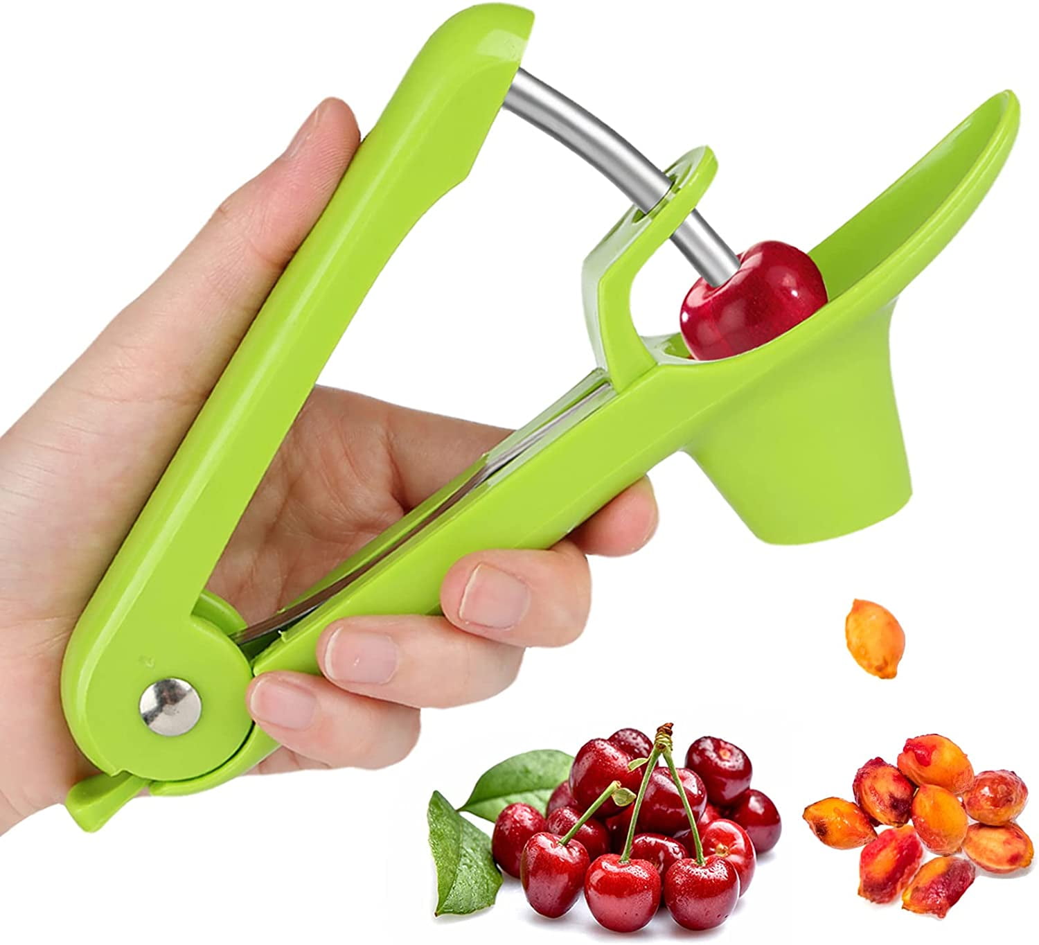 Cherry Stoner Olive Seed Remover strawberry tomato Corer 2 In 1 Set Cherry Pitter Portable Stainless Steel Kitchen Tool with Space-Saving Lock Design Cherry 