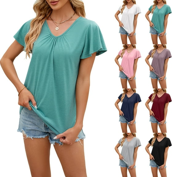 FLMEI Women's Tshirts Summer Tees Cotton Tops V Neck Short Sleeve T Casual Tops Loose Blouses for Women,S-XXL