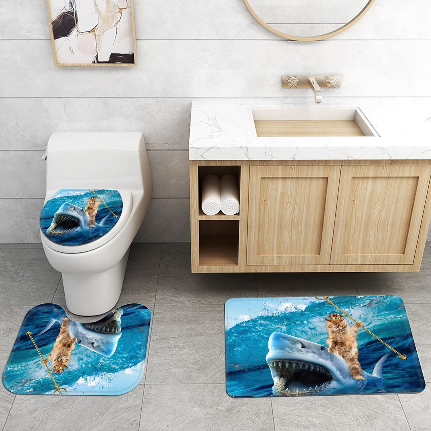 4 Pcs Funny Cat Shark Waterproof Shower Curtain Sets,Ocean Bathroom Sets with Shower Curtain, Toilet Lid Rug, Contour Mat and Bath Mat, 12 Hooks for Bathroom Set Decor