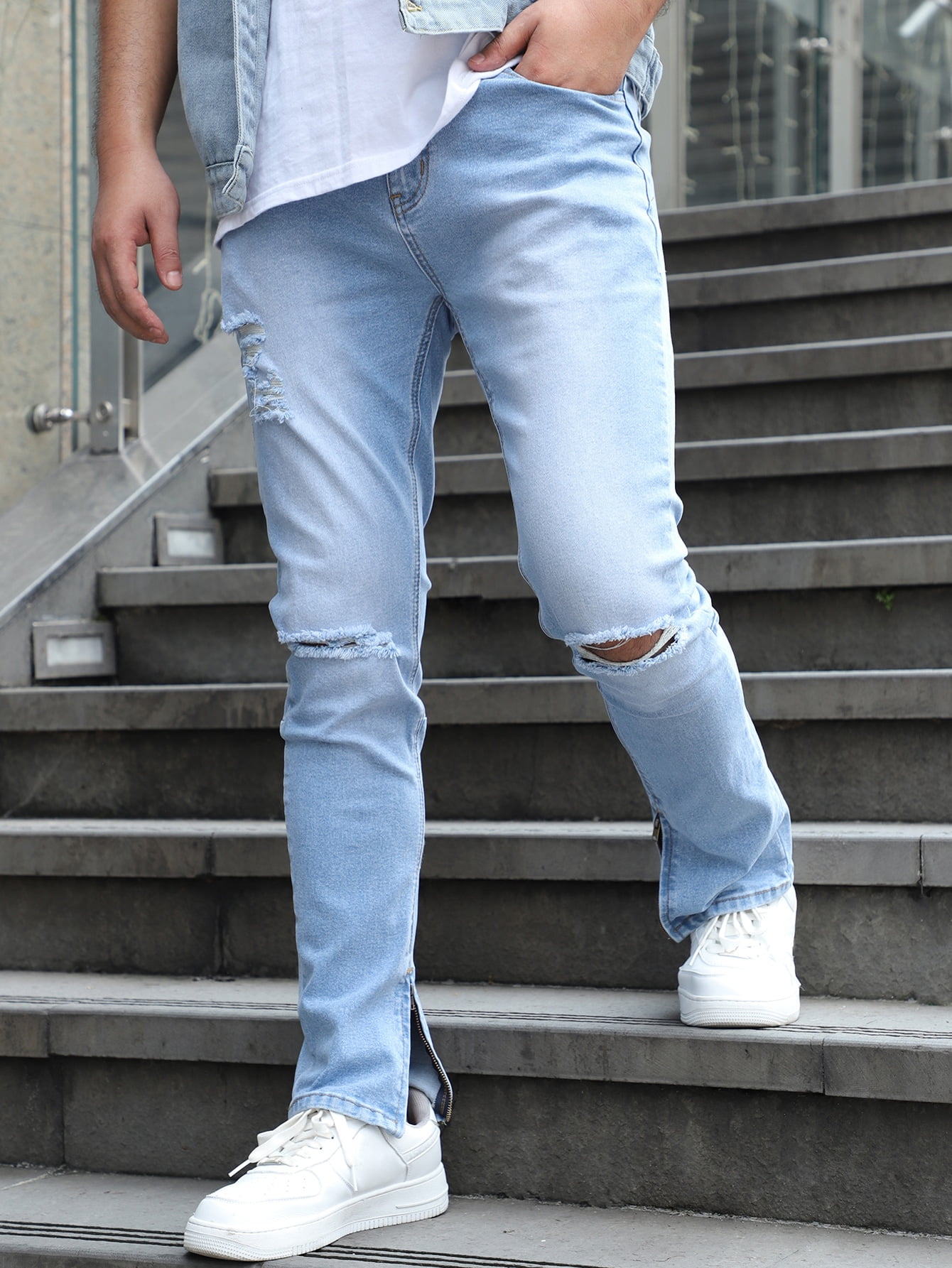 Light Wash Men Wash Ripped Frayed Split 