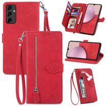 Dteck Case for Samsung Galaxy A14 5G,Magnetic Leather 7 Card Slots Zipper Wallet Case Shockproof Rubber Kickstand Cover with Wrist Strap, Red
