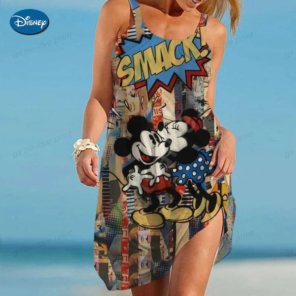 Disney Minnie Mickey Mouse Print Beach Dress Women's Casual Loose Tank  A-Line Sundress Pullover Sleeveless Basic Daily Dress LS