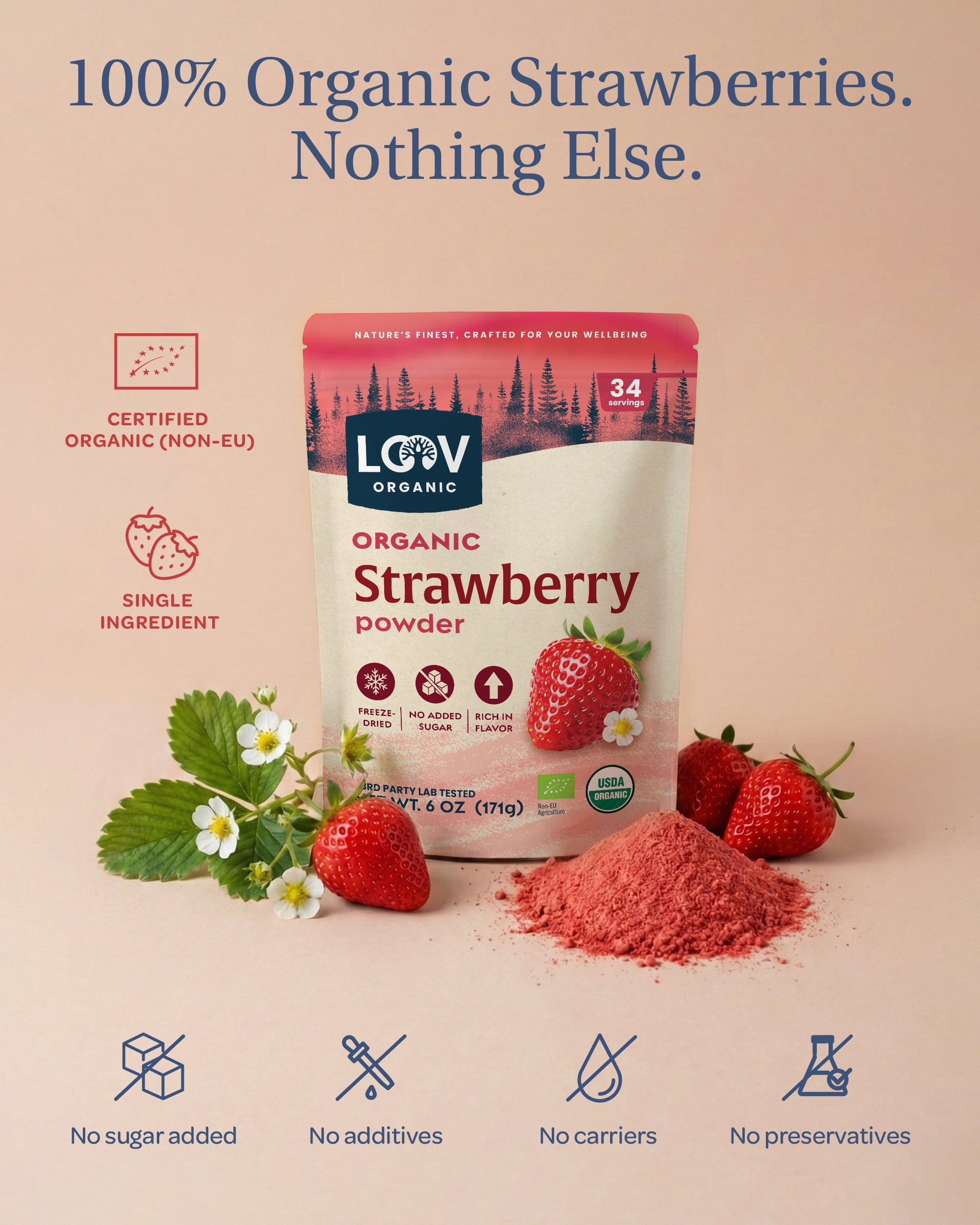 LOOV Organic Strawberry Powder, 171 g (6 oz), Freeze-Dried, No Added Sugar