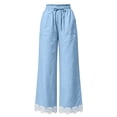 thumbnail image 4 of Women's Lightweight Lace Hem Beach Pants Ruffle Elastic Waist Wide Leg Palazzo Pants Textured Summer Pockets Casual Pants Fashion Bottoms Blue, 4 of 7