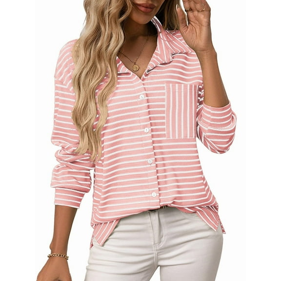 Womens Button Down Shirts Striped Classic Long Sleeve Collared Office Work Blouses Tops with Pocket Pink M