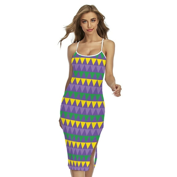 Geometric Mardi Gras Pattern Printed Cross Back Cami Dress, Mardi Gras Fashion Summer Maxi Sexy Casual Dress For Women