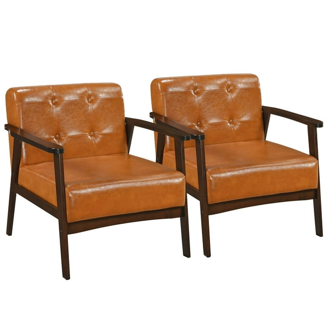 Costway 2PCS Accent Chair Button Tufted Mid-century Modern Lounge Chair with Armrest Caramel