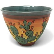 Prickly Pear Cactus 7" Round Bowl, American Handmade Pottery by Jennifer Stas, Green/Multi