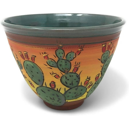 Prickly Pear Cactus 7" Round Bowl, American Handmade Pottery by Jennifer Stas, Green/Multi