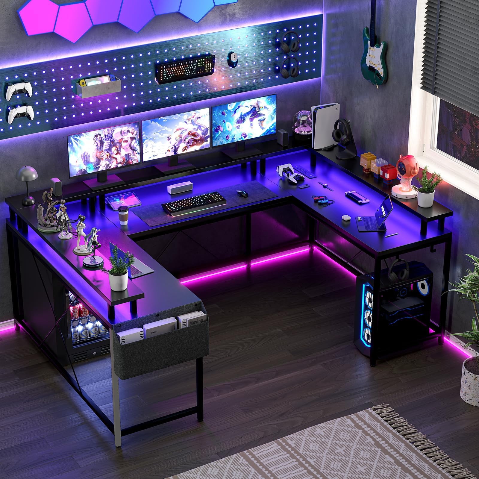 Luku U Shaped Home Office Desk, Reversible L Shaped Gaming Computer Desk with Power Outlets,126 Inch Computer Desk with Monitor Stand and LED Lights,Storage Shelves,Storage Bag and Hooks