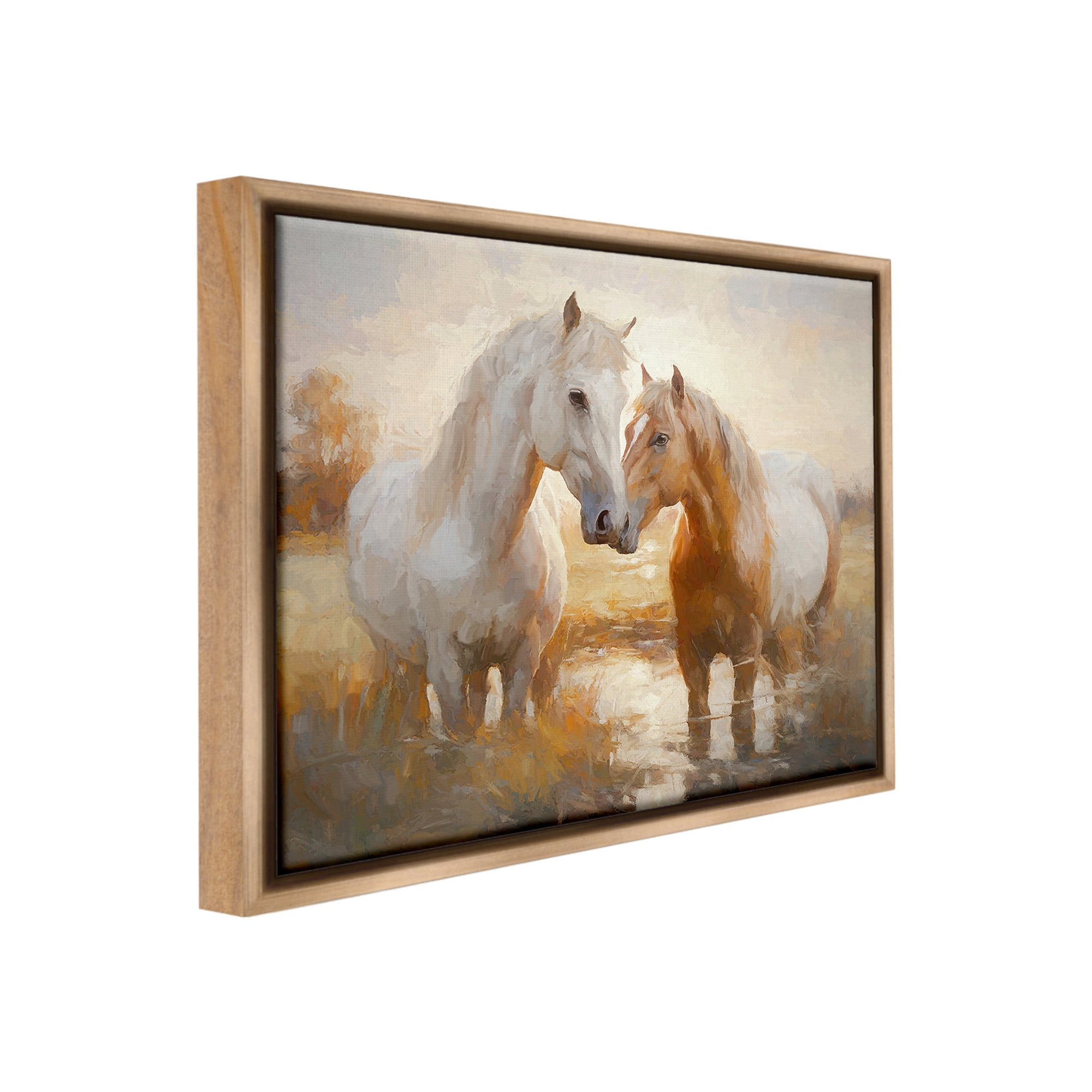 Stupell Industries Horses in Shallow Creek Animals & Insects Painting Brown Floater Framed Canvas Art Print Wall Art, 21 x 17