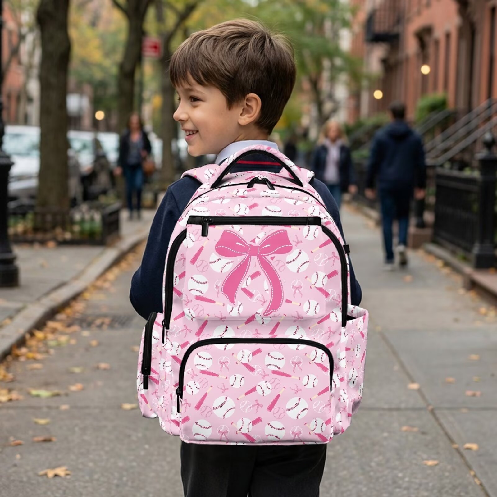 Mochila para niñas con diseño de murciélago y moño rosa, estampado deportivo, ligera, transpirable, duradera, impermeable, multi bolsillos, para regreso a clases 5