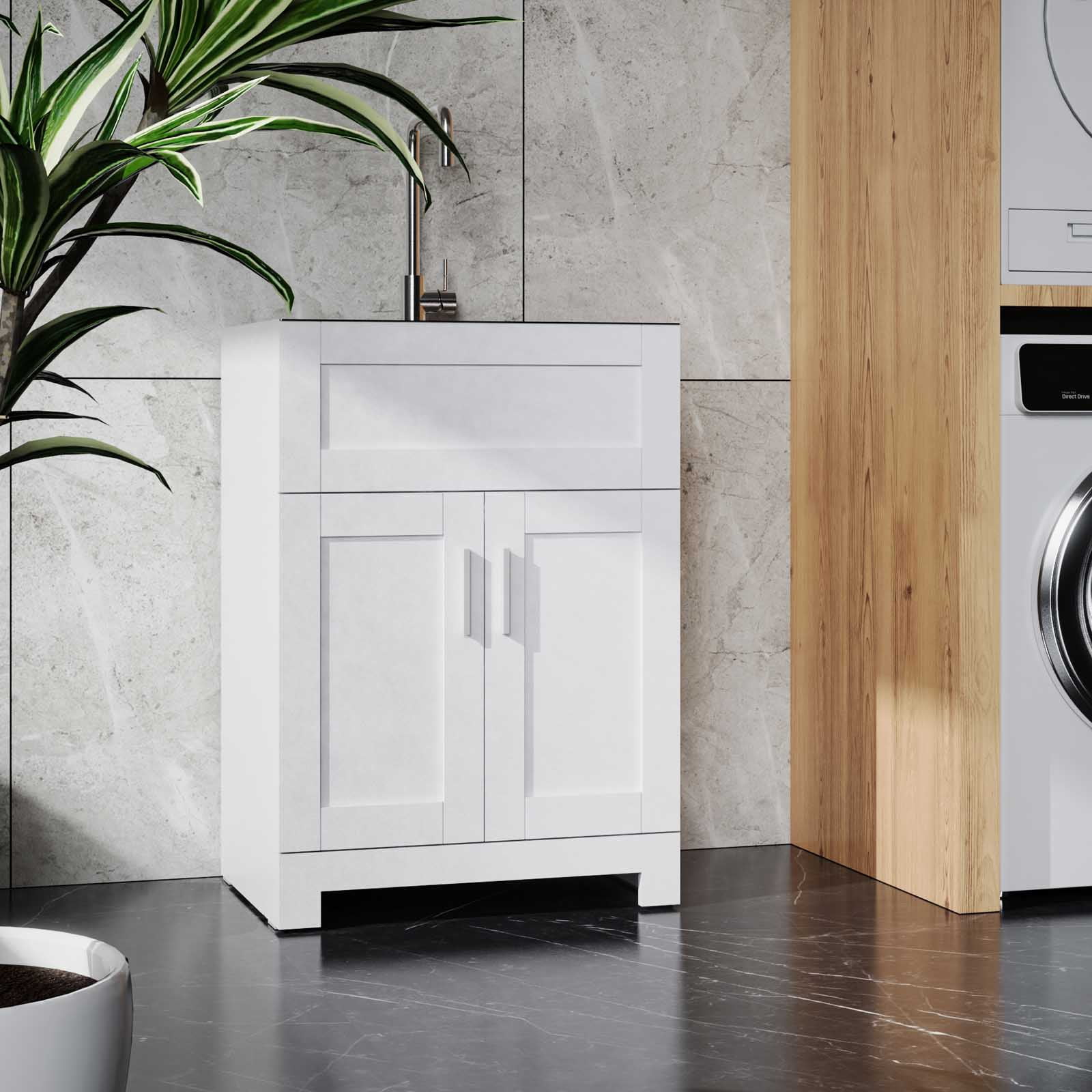 BARONAGE 24" Modern Bathroom Vanity with Sink, Bathroom Sink Cabinet, Sink Stainless Steel Combo, Vanities Cabinet Freestanding with 2 Doors, White