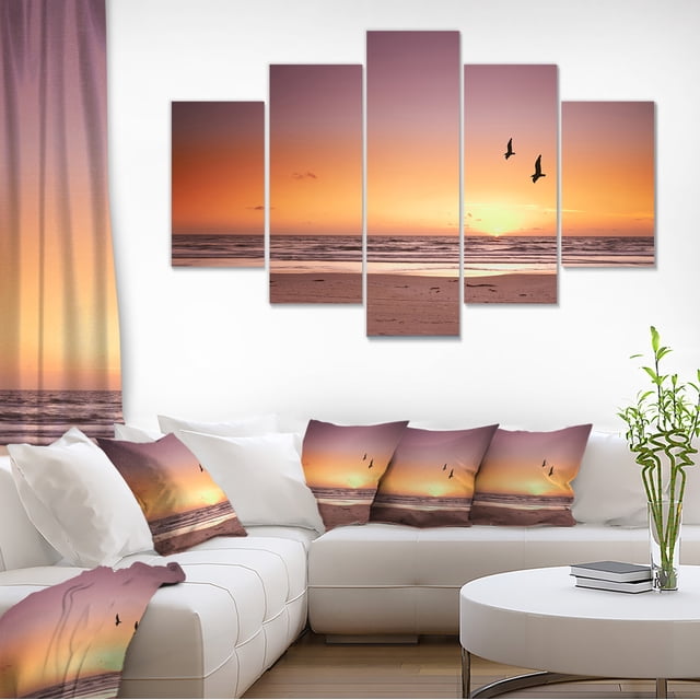 Beach Sunset and Sea Gulls - Modern Seashore Canvas Art