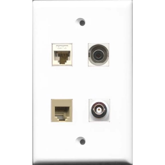 RiteAV 1 Port Phone RJ11 RJ12 Beige and 1 Port 3.5mm and 1 Port BNC and 1 Port Cat6 Ethernet White Wall Plate