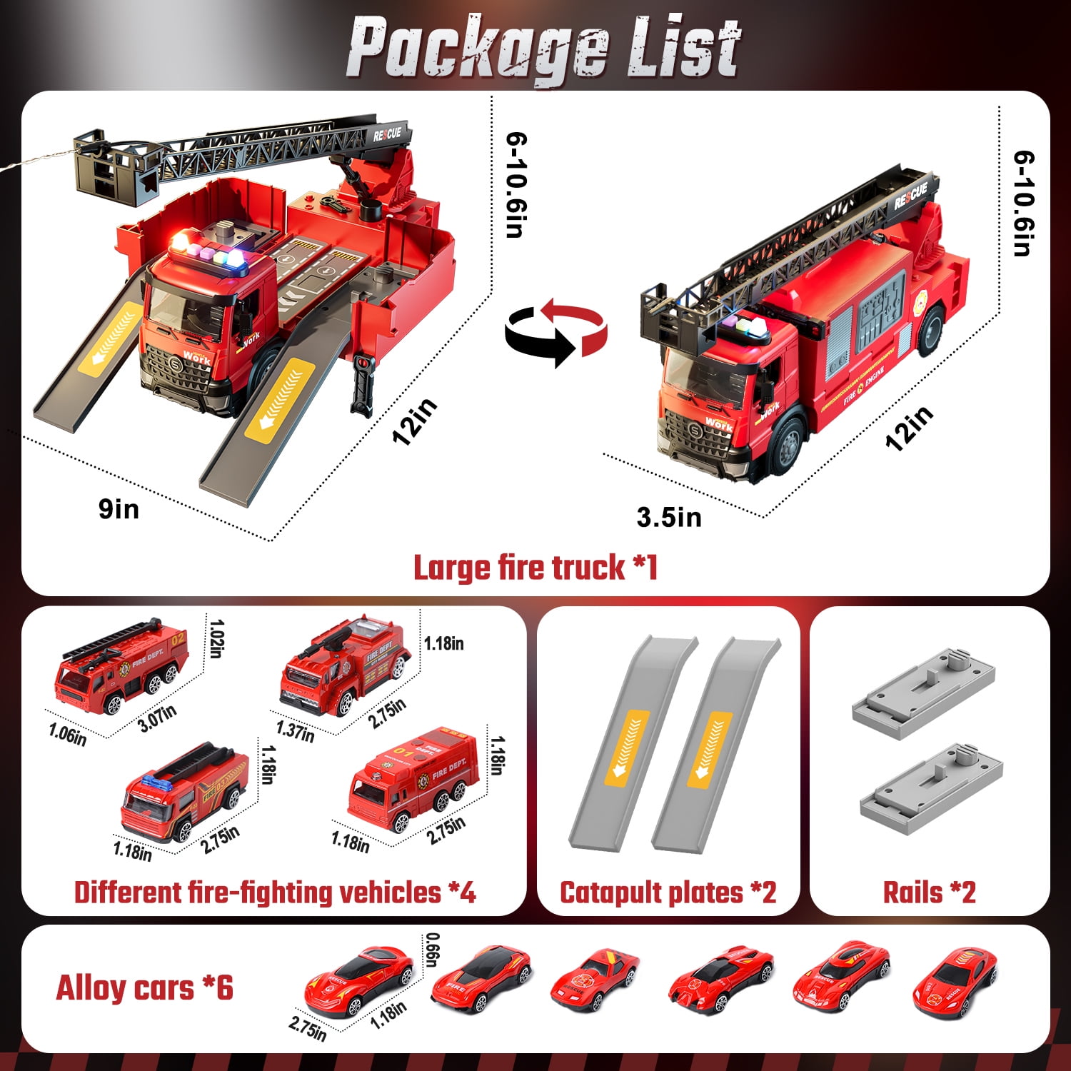 WonderStone Kids Fire Truck Toys, Alloy Deformable Cars with Light & Sound/ Extendable Aerial Ladder/ Working Water Pump, Fire Engine for 3-7 Years Old Boys Thanksgiving Christmas Birthday Gifts