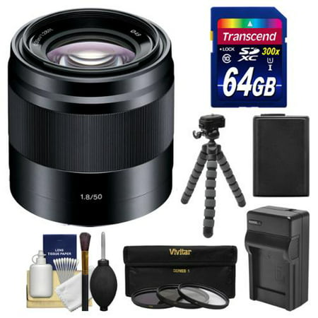Sony Alpha NEX E-Mount 50mm f/1.8 OSS Lens (Black) with 64GB Card + NP-FW50 Battery/Charger + Tripod + Filter Kit for A7, A7R, A7S Mark II, A5100, A6000, A6300 (Best 50mm Lens For Sony Alpha)