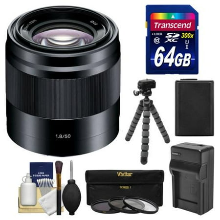 Sony Z3 Camera Lens Sony Alpha NEX E-Mount 50mm f/1.8 OSS Lens (Black) with 64GB Card + NP-FW50 Battery/Charger + Tripod + Filter Kit for A7, A7R, A7S Mark II, A5100, A6000, A6300 Cameras ()