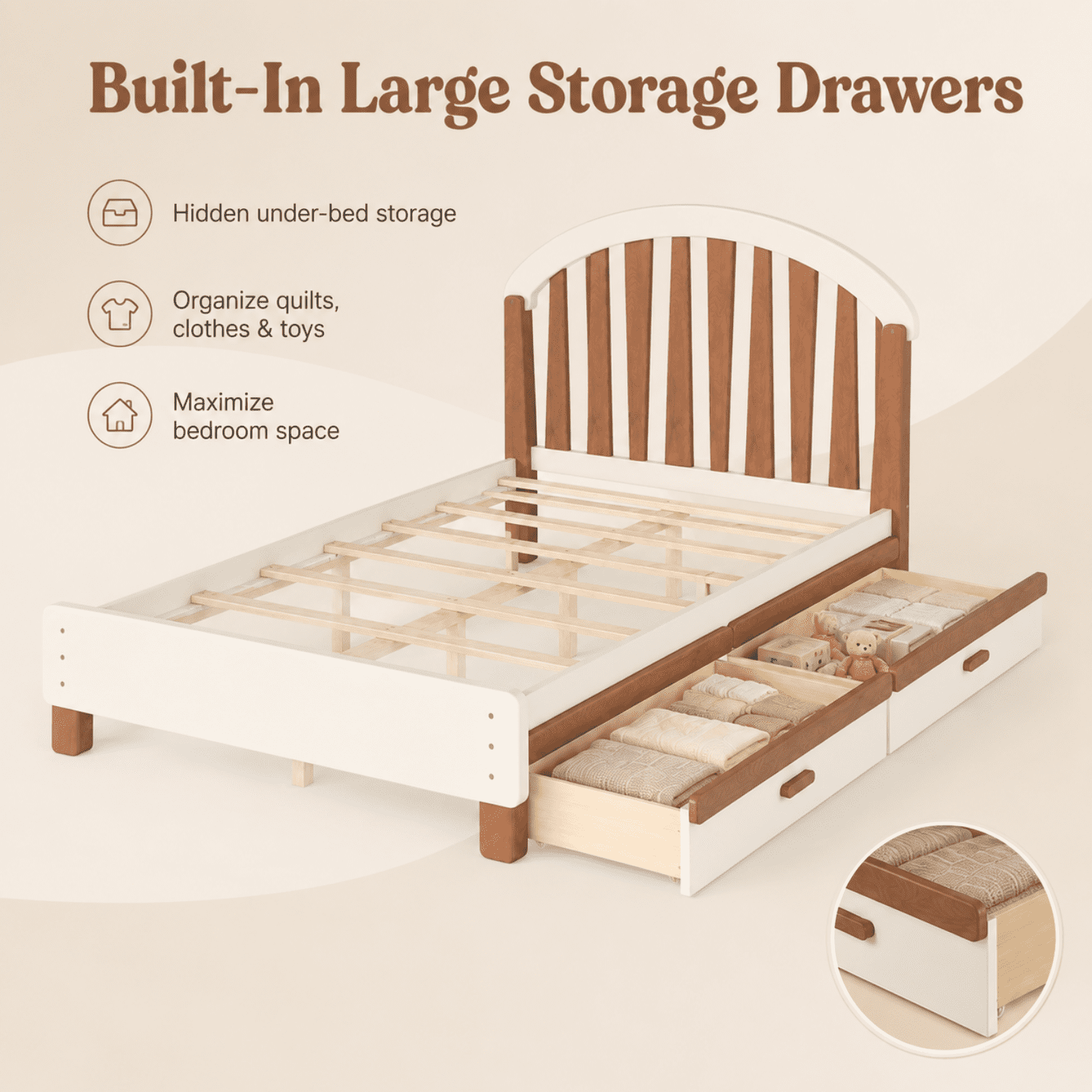 Miniyam Full Size Kids Bed Frame with Storage Drawer, Wooden Platform Bed, Beige & Natural