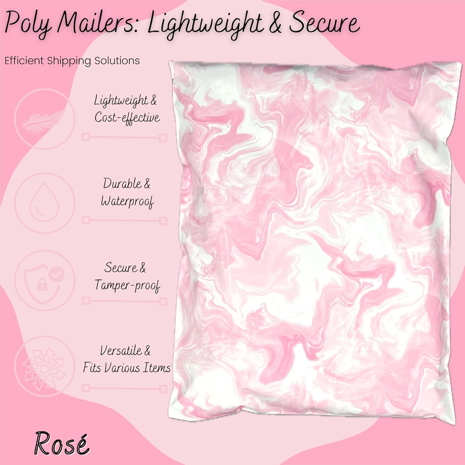 Hawk Poly Mailers 10x13 Cute Pink Marble Heavy Duty 3.15mil Tamper-Evident & Self-Sealing Shipping Envelopes for Small Businesses Printed Waterproof Mailing Bags Non Padded (Rosé, 10x13)