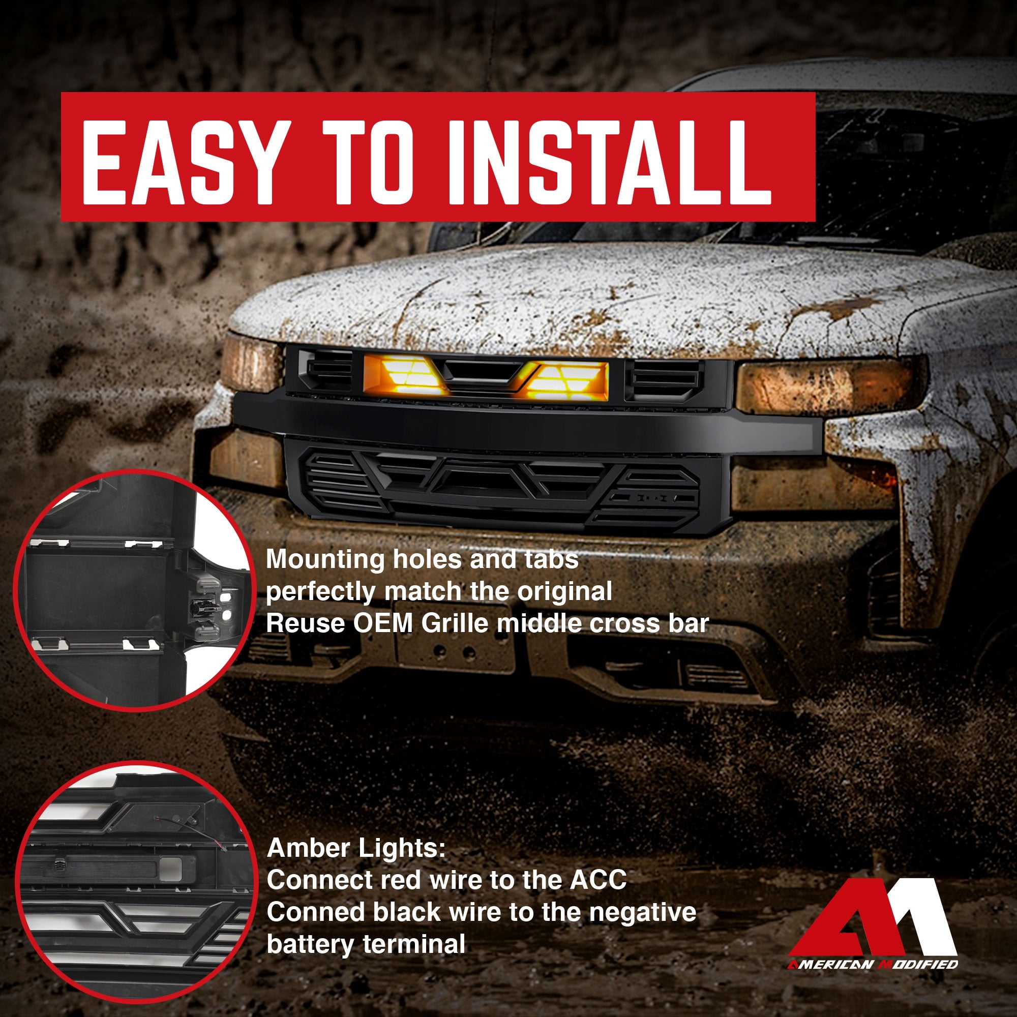 AMERICAN MODIFIED Grille w/LEDs for 19-21 Chevy Silverado 1500, Matte Black