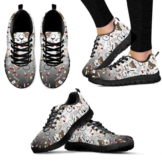 Zapatos médicos de enfermera con dibujos de oso y degradado azul, cómodos zapatos planos negros de verano con dibujos animados para médicos
