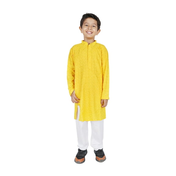 TRILOKI Kids Kurta Set for Boys Sequined Embroidery Yellow Rayon Indian Traditional Ethnic Wear