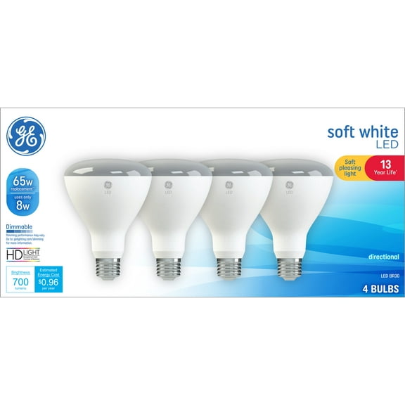 GE Soft White LED Floodlight Bulbs, 65 Watt Eqv, BR30 Indoor Floodlights, 13 year, 4pk