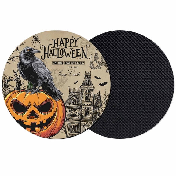 Halloween Evil Pumpkin Coasters Set of 2, Absorbent Coasters for Drinks, Horror Black Crow Haunted House Coaster for Desk Coffee Table Protection, Home Decor House Warming Gifts 4"