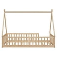 thumbnail image 6 of Miniyam Wood Twin Size Floor Bed with Guardrails for Toddler, Tent-Shaped Design, Natural, 6 of 7