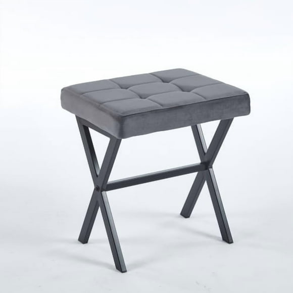 Grey Velvet Stool with Tufted Seat & X-Metal Legs, Small Shoe Bench, Ottoman Stool for Entryway, Bedroom, Living Room